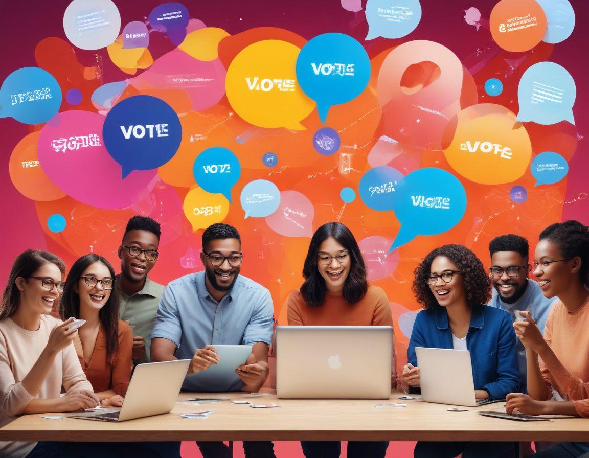 A vibrant collage illustrating diverse people engaging in interactive voting, with speech bubbles representing voices and ideas. Include laptops and smartphones displaying blogs, symbolizing community engagement and digital discourse. Background should be dynamic, with colorful symbols of democracy like ballots and microphones. The scene should emanate energy and collaboration. super-realistic. vibrant colors. 3D.