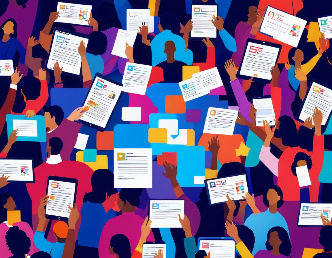 A dynamic digital collage showcasing diverse people interacting with online polls and feedback forms on various devices. Bright colors and engaging expressions emphasize enthusiasm and participation. Include visual elements like charts and speech bubbles to represent discussion and transformation in business. Use a modern tech-inspired background. vibrant colors. vector art.