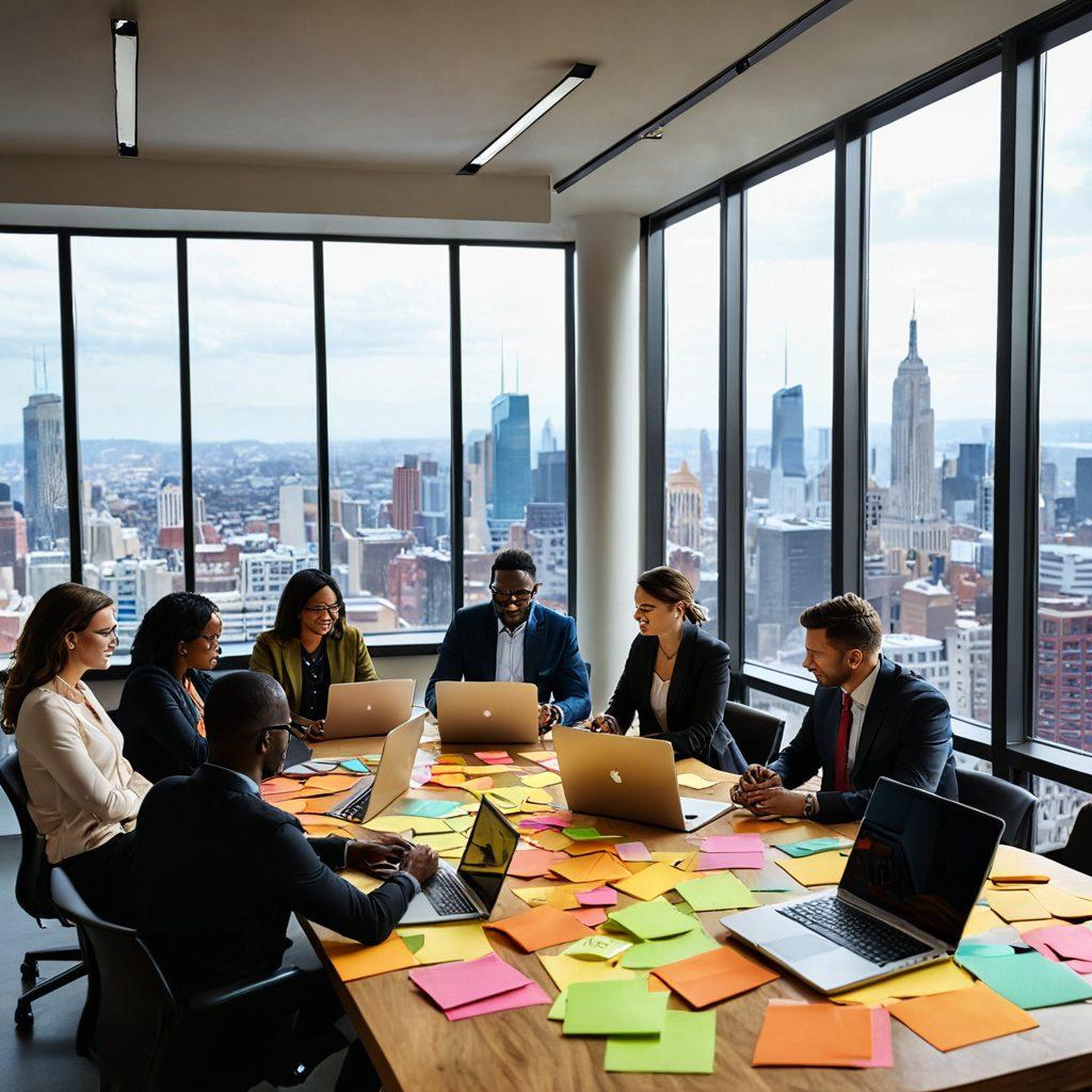 A diverse group of people engaged in a dynamic brainstorming session around a modern conference table, with laptops open and colorful sticky notes scattered everywhere. In the background, a large window reveals a vibrant cityscape that symbolizes innovation. The expressions on their faces reflect excitement and collaboration, showcasing the power of discussion and community. Bright, energizing colors with a touch of digital elements representing blogging and engagement. super-realistic. vibrant colors. 3D.